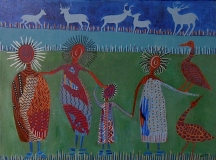 Kindreds #11 Grouping of four ancient persons in red blue grey and rust multicolored patterned robes posed with two mythic birds and five deer Acrylic and oil pens