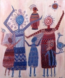 Kindreds #3 Groupings of two large and three small ancient people in colorful patterned robes posed with mythic birds Acrylic and oil pens