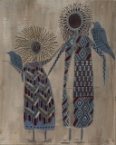 Kindreds #16 Grouping of two ancient persons in multicolored patterned robes posed with two mythic birds perched on arms Acrylic and oil pens