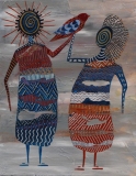 Kindreds #18 Grouping of two ancient persons in blue and rusts multicolored patterned robes holding up mythic bird in joined hands Acrylic and oil pens