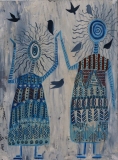 Kindreds #19 Grouping of two ancient persons in blues and rust multicolored patterned robes posed with seven small mythic birds  Acrylic and oil pens