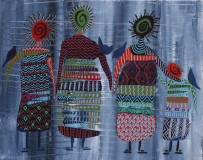 Kindreds #20 Grouping of four ancient persons in green reds blues and black multicolored patterned robes posed with four mythic birds on shoulders Acrylic and oil pens