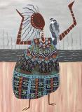 Kindreds #32 one ancient person in multicolored patterned robes posed with mythic grey bird on shoulder Acrylic and oil pens