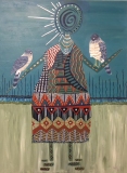 Kindreds #31 one ancient person in multicolored patterned robes posed with two mythic birds on arms Acrylic and oil pens