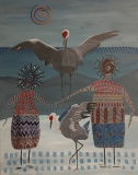 Kindreds #21, 22x18, Mythical figures kindreds have elaborately patterned garment, a spiral head and a halo of lines for hair large crane with open wings above them