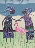 Kindreds #34 Two kindreds lean toward each other a pink flamingo between them