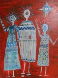 Kindreds #2 three ancient people arms upraised in patterned robes red background Acrylic and oil pens