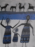 Kindreds #5 Grouping three ancient people in patterned robes posed with four mythic horses in greys blacks and blues Acrylic and oil pens