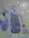 Kindreds #6 One ancient person in patterned robes posed with two mythic birds many shades of blue Acrylic and oil pens