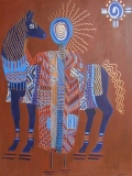 Kindreds #7 ne large ancient person in patterned robes posed with mythic horse rusts and blues colorings Acrylic and oil pens