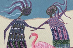 Kindreds #34 Two beings with long multi colored and patterned robes leaning toward each other with a pink flamingo in foreground