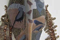 Aviary #1, painted in grays and browns small perching birds painted on queen palm