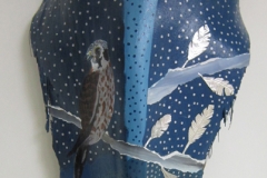 Aviary #10 shades of blue and silver twigs with perching bird painted on queen palm