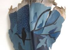 Aviary #12 12 black branches with blue and black soaring and perching birds painted on queen palm