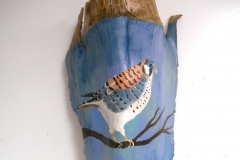 Aviary #13  Blue winged plum[ birds perch on branches painted on queen palm