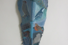 Aviary #16 Blue perching birds on patterned background painted on queen palm