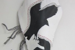 Aviary #5 black soaring birds painted on white background of queen palm