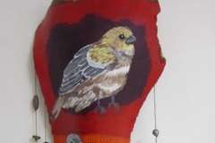 Aviary #6 small perching bird yellow and grey feathers with grey breast painted on queen palm