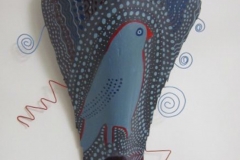 Aviary #7 overall shades of blue sith small blue bird outlined in red painted on queen palm