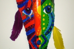 Head of State #4 reds, greens, blues and yellows on face patterns on queen palm