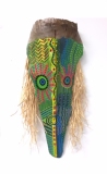 Head of State #18 vibrant greens and patterns are the background  of this elongated image on queen palm frond Approx. 30” x 14” x 7”