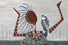 Kindreds #32 one ancient person in multicolored patterned robes posed with mythic grey bird on shoulder Acrylic and oil pens