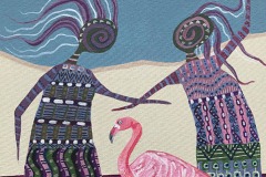 Kindreds #34 , Two beings with long multi colored and patterned robes leaning toward each other with a pink flamingo in foreground