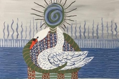 Kindreds #28 ancient person in multicolored patterned robes posed with three goose like mythic birds and one swan like bird with neck resting on shoulders  Acrylic and oil pens