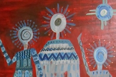Kindreds #2 three ancient people arms upraised in patterned robes red background Acrylic and oil pens
