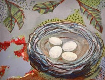 four eggs in nest with splashes for gree and red leaves in background