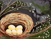 five unhatched eggs in nest, spring leaves on branches