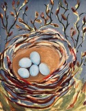 five eggs in loosely painted nest with leaves and small branches