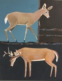 Oh Deer #8 full body doe walking and buck standing in separate painted rectangles
