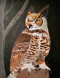 owl with gold head feathers ears perked up gold, black and brown body sitting on a tree stump Acrylic on Canvas, 