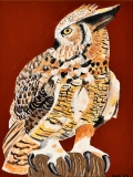 Golden and brown feathered own perching on stump head looking over shoulder Acrylic on Canvas, 