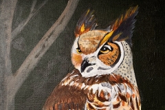 owl with gold head feathers ears perked up gold, black and brown body sitting on a tree stump Acrylic on Canvas, 