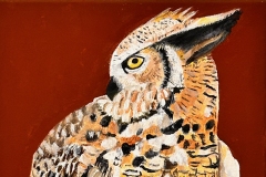 Golden and brown feathered own perching on stump head looking over shoulder Acrylic on Canvas, 