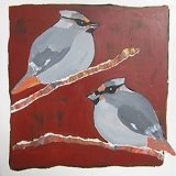Tweet #1, two grey birds with black eye bands on rust color background