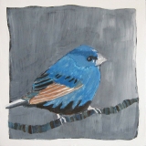 Tweet #2, small blue bird perched on branch grey background