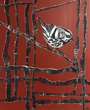 Tweet #7 black and white bird perched on branch rust background with painted paper strip background