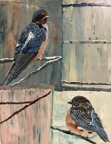 Tweet #16 Two perching birds one smaller and plumbper on a background  of muted colored painted squares