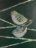 Tweet #13 two small perching birds with a red stripe and green wings on the male against a paper stripe and black background