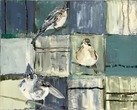 Tweet #15 Three perching  birds on a background  of muted colored painted squares