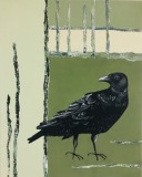 Tweet #18, black crow standing looking over its shoulder  on mud green background