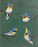 Tweet #21 four small blue birds with a dark band on their white chest perched on branches