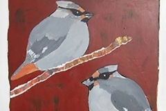 Tweet #1, two grey birds with black eye bands on rust color background