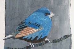 Tweet #2, small blue bird perched on branch grey background