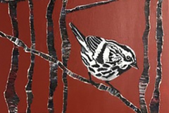 Tweet #7 black and white bird perched on branch rust background with painted paper strip background