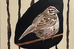 Tweet #9 small brown bird with black accents and lighter check encircled with black against a tan and painted paper strips background