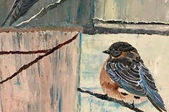 Tweet #16 Two perching birds one smaller and plumbper on a background  of muted colored painted squares